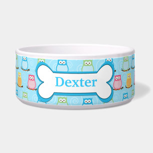 Trendy Blue Owls Gepersonaliseerd Pet Dog Food Bow Voerbakje