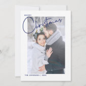 Trendy Blue Plaid Merry Christmas Script Foto Feestdagenkaart (Voorkant)