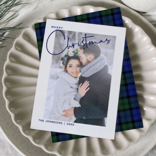 Trendy Blue Plaid Merry Christmas Script Foto Feestdagenkaart