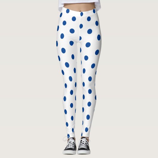 Trendy Blue Polka dot Pattern On White Retro  Leggings (Voorkant)