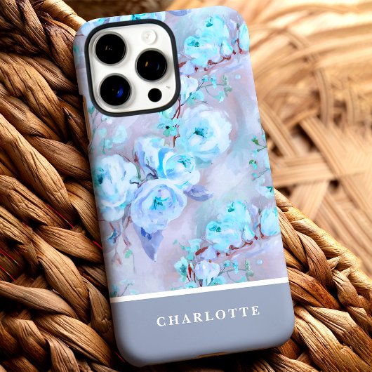 Trendy Blue Rozen Custom Name Floral Case-Mate iPhone Case