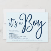Trendy Blue Script Het is een Boy Baby shower Kaart (Voorkant)
