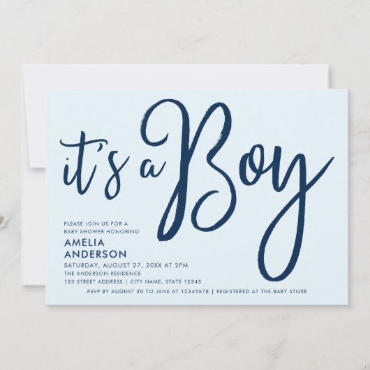 Trendy Blue Script Het is een Boy Baby shower Kaart (Voorkant)