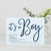 Trendy Blue Script Het is een Boy Baby shower Kaart (Staand voorkant)