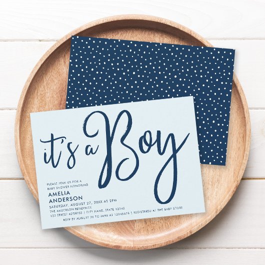 Trendy Blue Script Het is een Boy Baby shower Kaart