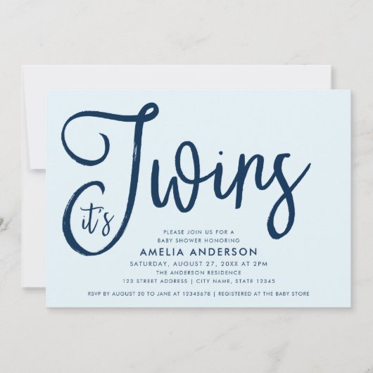 Trendy Blue Script Het is een tweeling Baby shower Kaart (Voorkant)
