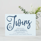Trendy Blue Script Het is een tweeling Baby shower Kaart (Staand voorkant)