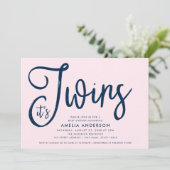 Trendy Blue Script Het is Twins Girl Baby shower Kaart (Staand voorkant)