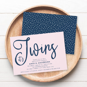 Trendy Blue Script Het is Twins Girl Baby shower Kaart
