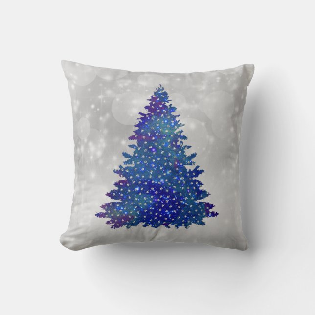 Trendy Blue Silver Glitter Tree Kerstmis Kussen (Voorkant)
