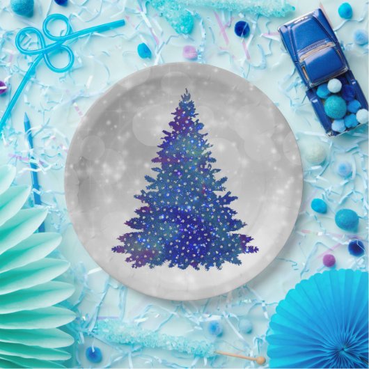 Trendy Blue Silver Glitter Tree Kerstmis Papieren Bordje (Feest)