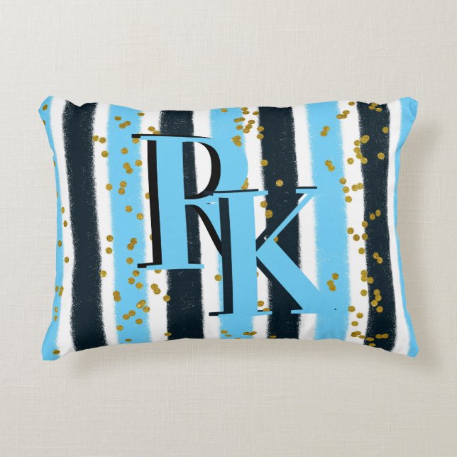Trendy Blue Stripe Gold Glitter Monogram Glam Accent Kussen (Voorkant)