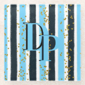 Trendy Blue Stripe Gold Glitter Monogram Glam Glazen Onderzetter (Voorkant)