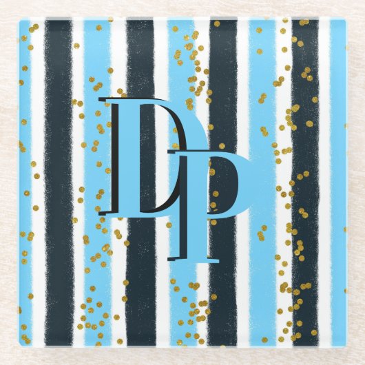 Trendy Blue Stripe Gold Glitter Monogram Glam Glazen Onderzetter (Voorkant)
