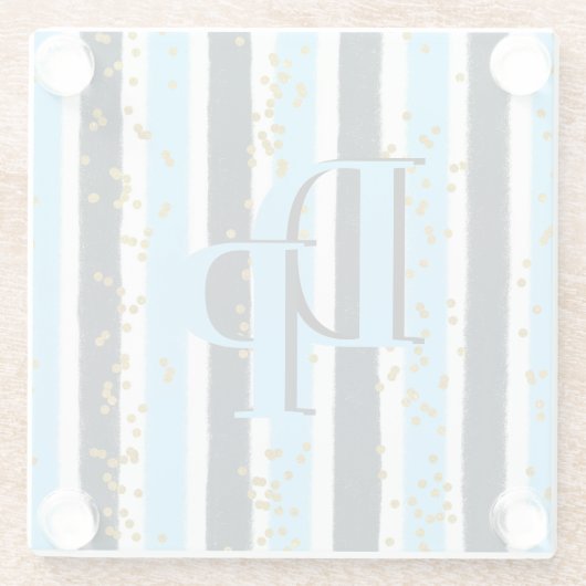 Trendy Blue Stripe Gold Glitter Monogram Glam Glazen Onderzetter (Achterkant)