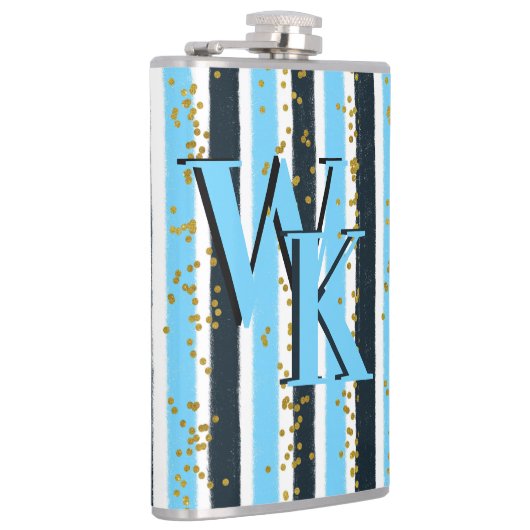 Trendy Blue Stripe Gold Glitter Monogram Glam Heupfles (Rechts)