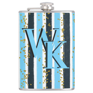 Trendy Blue Stripe Gold Glitter Monogram Glam Heupfles