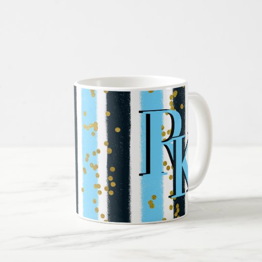 Trendy Blue Stripe Gold Glitter Monogram Glam Koffiemok (Voorkant rechts)