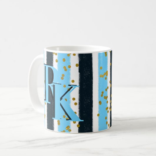 Trendy Blue Stripe Gold Glitter Monogram Glam Koffiemok (Voorkant links)