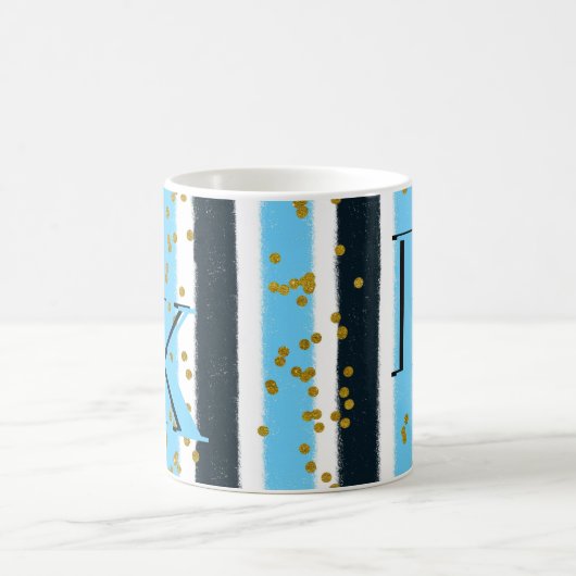 Trendy Blue Stripe Gold Glitter Monogram Glam Koffiemok (Center)