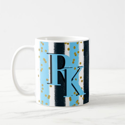 Trendy Blue Stripe Gold Glitter Monogram Glam Koffiemok (Links)