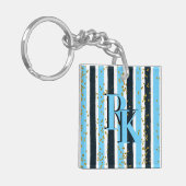 Trendy Blue Stripe Gold Glitter Monogram Glam Sleutelhanger (Voorkant Links)