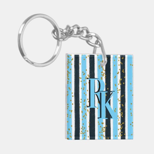 Trendy Blue Stripe Gold Glitter Monogram Glam Sleutelhanger (Voorkant Links)