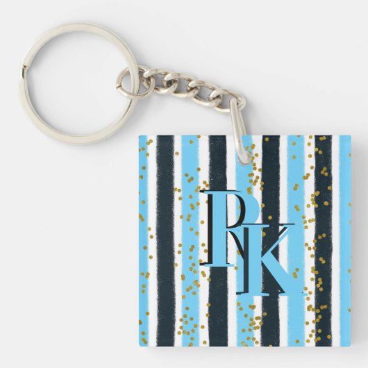 Trendy Blue Stripe Gold Glitter Monogram Glam Sleutelhanger (Voorkant)