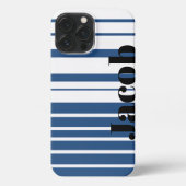 Trendy Blue Striped Custom Name iPhone Case Hoesje (Achterkant)