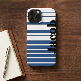 Trendy Blue Striped Custom Name iPhone Case 13 Pro Max Hoesje