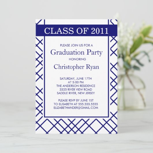 Trendy Blue Stripes Afstuderen Invitation Kaart (Staand voorkant)