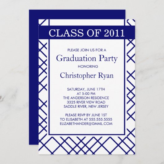 Trendy Blue Stripes Afstuderen Invitation Kaart (Voorkant / Achterkant)