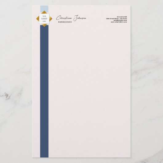 Trendy Blue Stripes Gold Logo Briefpapier (Voorkant)