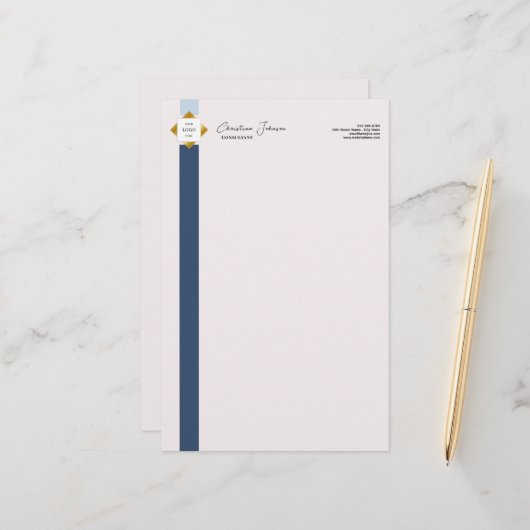 Trendy Blue Stripes Gold Logo Briefpapier (Voorkant / Achterkant in situ)