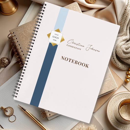 Trendy Blue Stripes Gold Logo Notitieboek