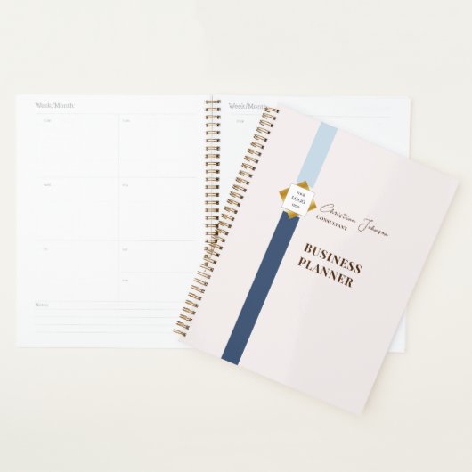 Trendy Blue Stripes Gold Logo Planner (Display)