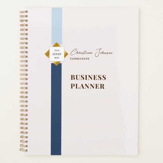 Trendy Blue Stripes Gold Logo Planner (Voorkant)