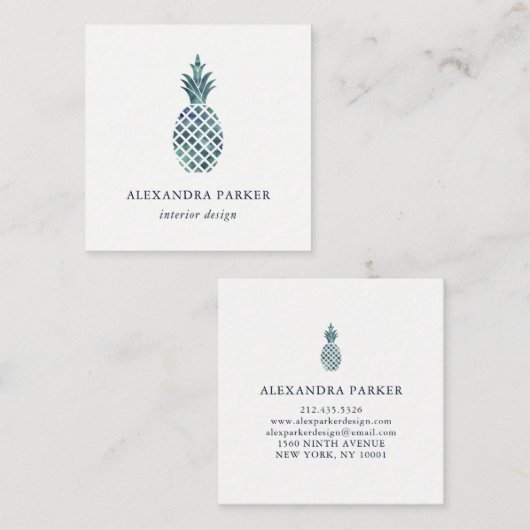 Trendy Blue Waterverf Kijk ananas Vierkante Visitekaartje (Voorkant / Achterkant)