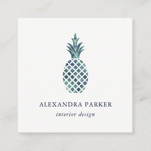 Trendy Blue Waterverf Kijk ananas Vierkante Visitekaartje (Voorkant)