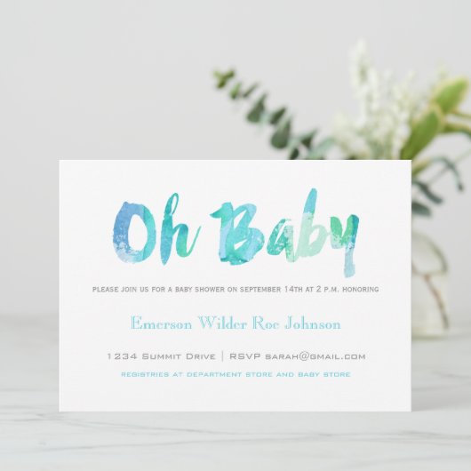 Trendy Blue Waterverf Typografie Baby Boy Shower Kaart (Staand voorkant)
