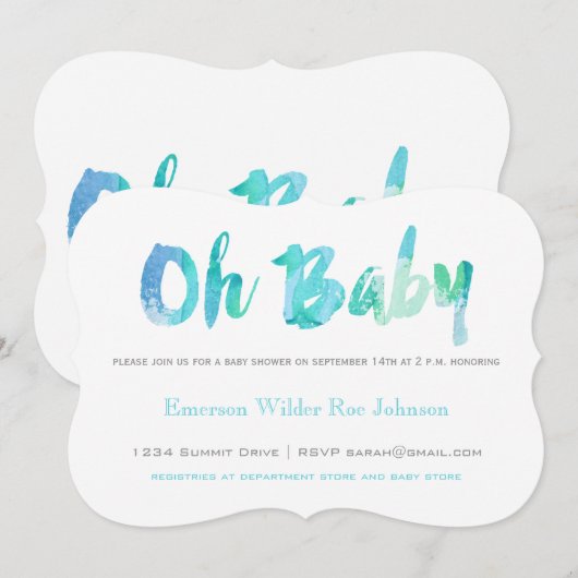 Trendy Blue Waterverf Typografie Baby Boy Shower Kaart (Voorkant / Achterkant)
