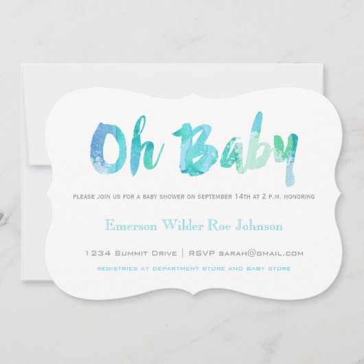 Trendy Blue Waterverf Typografie Baby Boy Shower Kaart (Voorkant)