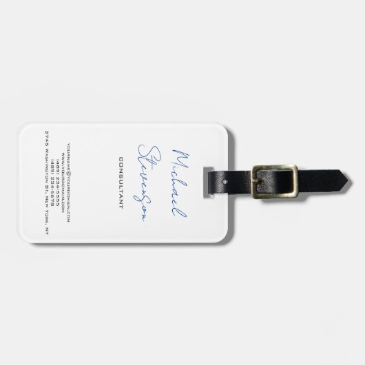 Trendy Blue White Handwrite minimalist Bagagelabel (Voorkant horizontaal)