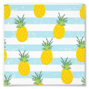 Trendy Blue White Stripes Pineapple Pattern Foto Afdruk