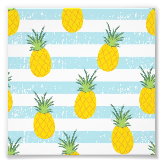 Trendy Blue White Stripes Pineapple Pattern Foto Afdruk (Voorkant)