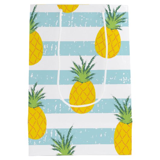 Trendy Blue White Stripes Pineapple Pattern Medium Cadeauzakje (Achterkant)