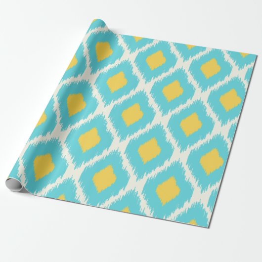 Trendy Blue Yellow Aztec Ikat Tribal Pattern Cadeaupapier (Uitgerold)