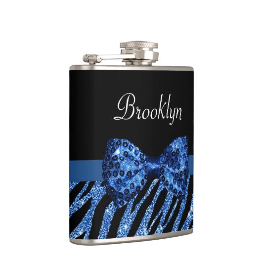 Trendy Blue Zebra print FAUX Glitz Bow met naam Heupfles (Rechts)