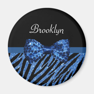 Trendy Blue Zebra print FAUX Glitz Bow met naam Magneet