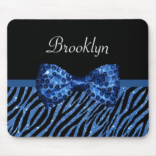 Trendy Blue Zebra print FAUX Glitz Bow met naam Muismat (Voorkant)
